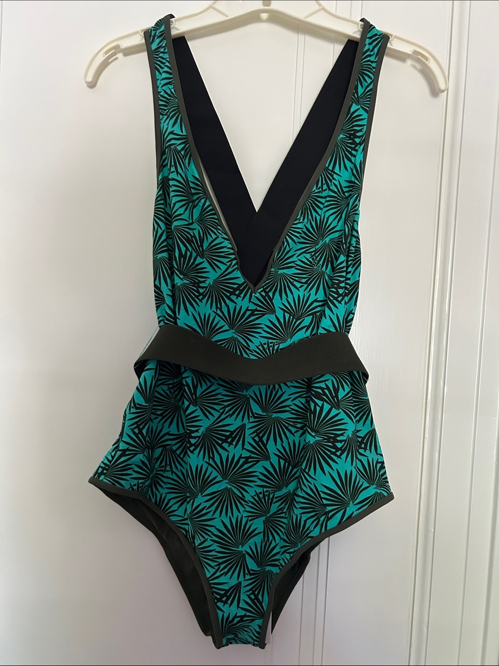 Diane Von Furstenberg Black and Teal Palm-Print One-Piece Swimsuit